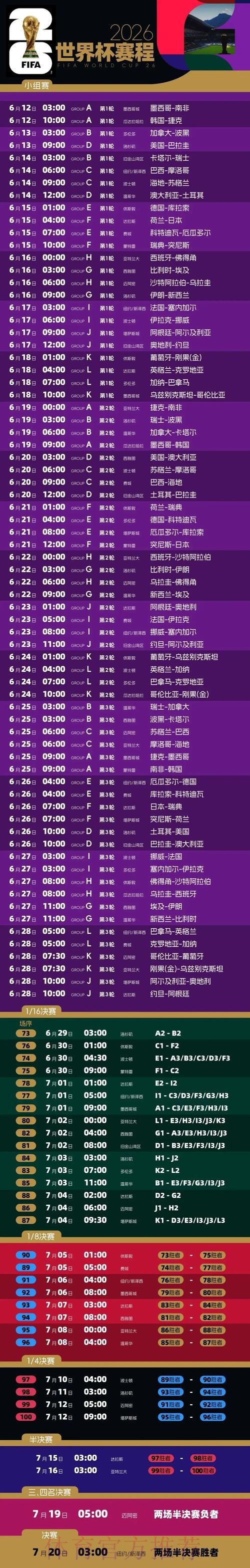 2026世界杯完整赛程最新实时赛程实时查看
