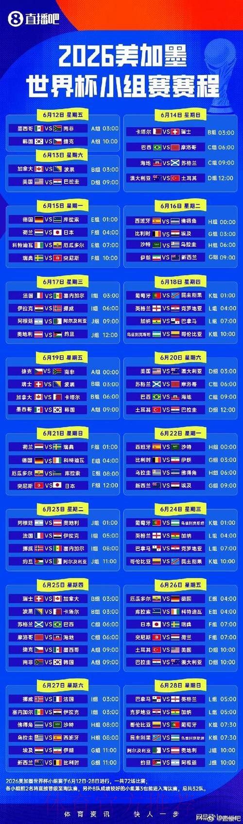 2026世界杯小组赛赛程一览高清直播直播平台